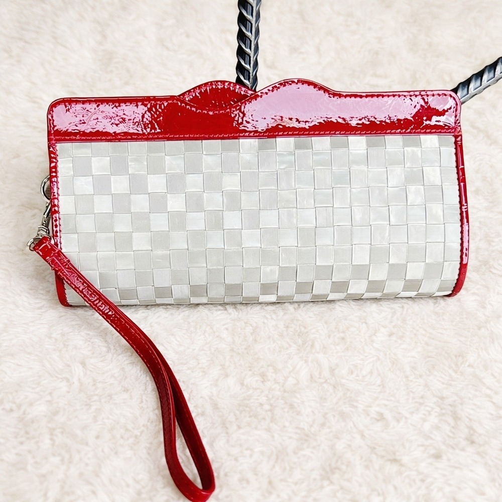 Woven Clutch Wristlet Red Patent Trim Organizer Wallet Cosmetic Travel Case Bag